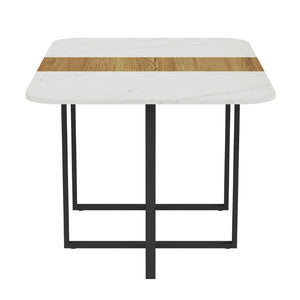 English Elm Brown Suede Six Person Dining Set with Marble Wood Grain Table and Metal Legs W3875S00208