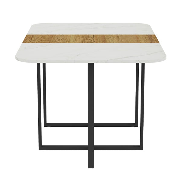 English Elm Brown Suede Six Person Dining Set with Marble Wood Grain Table and Metal Legs W3875S00208