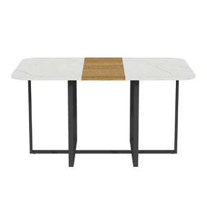 English Elm Brown Suede Six Person Dining Set with Marble Wood Grain Table and Metal Legs W3875S00208