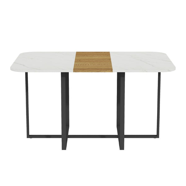English Elm Brown Suede Six Person Dining Set with Marble Wood Grain Table and Metal Legs W3875S00208
