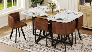 English Elm Brown Suede Six Person Dining Set with Marble Wood Grain Table and Metal Legs W3875S00208
