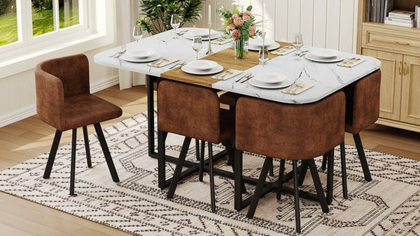 English Elm Brown Suede Six Person Dining Set with Marble Wood Grain Table and Metal Legs W3875S00208