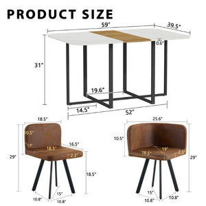 English Elm Brown Suede Six Person Dining Set with Marble Wood Grain Table and Metal Legs W3875S00208