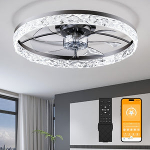 English Elm 23.6 Inch Flush Mount Ceiling Fan with LED Light Matte Black Smart App Remote Control W3886P506737