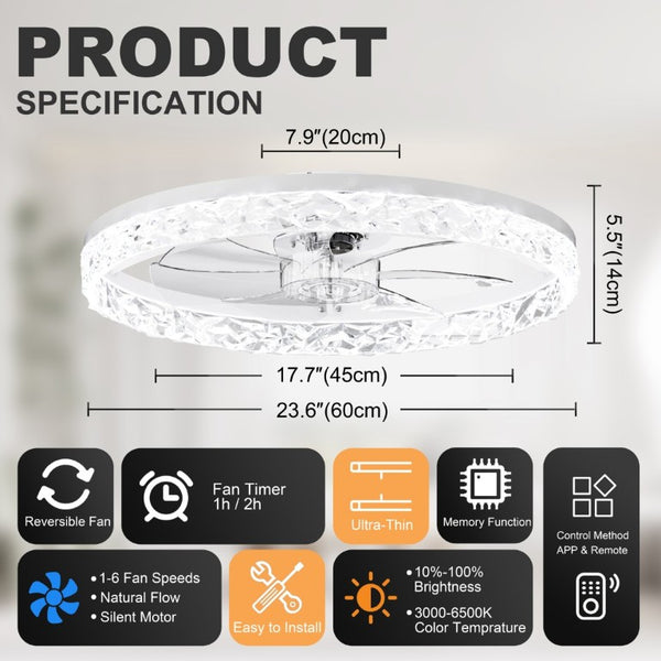 English Elm 23.6 Inch Compact Ceiling Fan with Dimmable LED Light App Control for Small Rooms W3886P506739