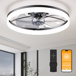 English Elm Ultra-Thin Matte Black Flush Mount Ceiling Fan with LED Dimming and App Speed Control W3886P506745