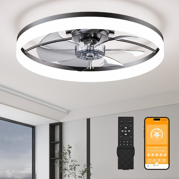 English Elm Ultra-Thin Matte Black Flush Mount Ceiling Fan with LED Dimming and App Speed Control W3886P506745