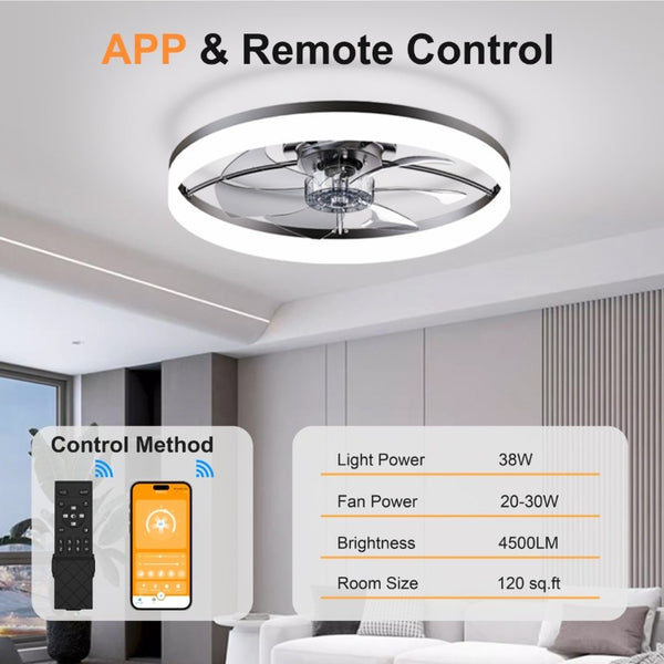 English Elm Ultra-Thin Matte Black Flush Mount Ceiling Fan with LED Dimming and App Speed Control W3886P506745