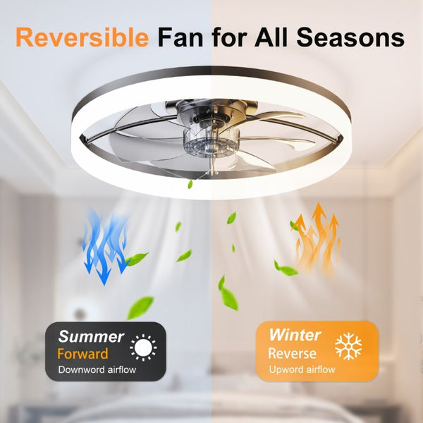 English Elm Ultra-Thin Matte Black Flush Mount Ceiling Fan with LED Dimming and App Speed Control W3886P506745