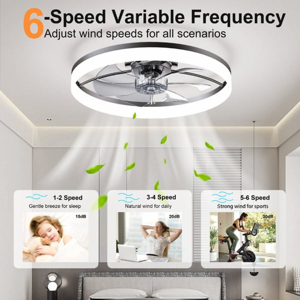 English Elm Ultra-Thin Matte Black Flush Mount Ceiling Fan with LED Dimming and App Speed Control W3886P506745