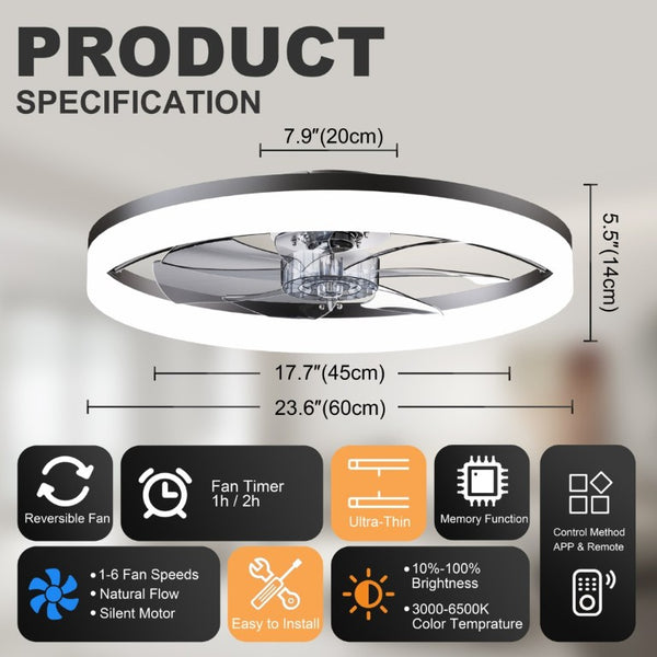 English Elm Ultra-Thin Matte Black Flush Mount Ceiling Fan with LED Dimming and App Speed Control W3886P506745