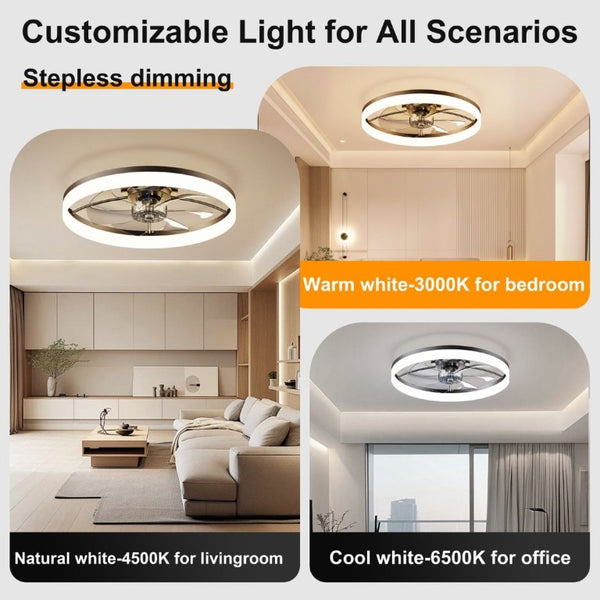 English Elm Ultra-Thin Matte Black Flush Mount Ceiling Fan with LED Dimming and App Speed Control W3886P506745