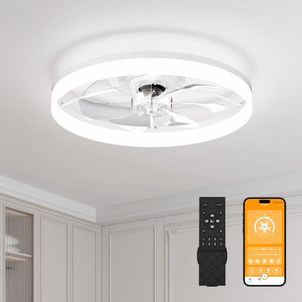 English Elm Ultra-Thin Flush Mount Ceiling Fan Smart App Remote Dimmable LED Light for Bedroom W3886P506750