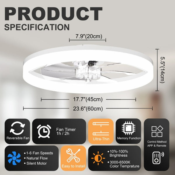 English Elm Ultra-Thin Flush Mount Ceiling Fan Smart App Remote Dimmable LED Light for Bedroom W3886P506750