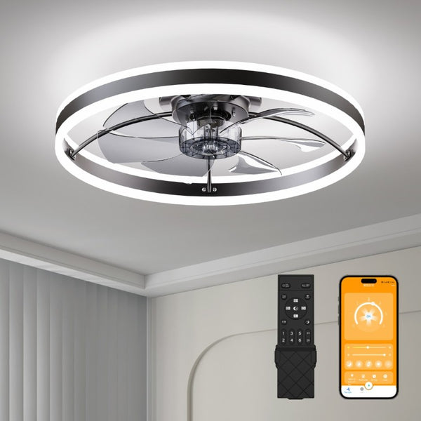 English Elm 23.6 Inch Compact Ceiling Fan with Dimmable LED Light Quiet DC Motor App Remote Black W3886P506761