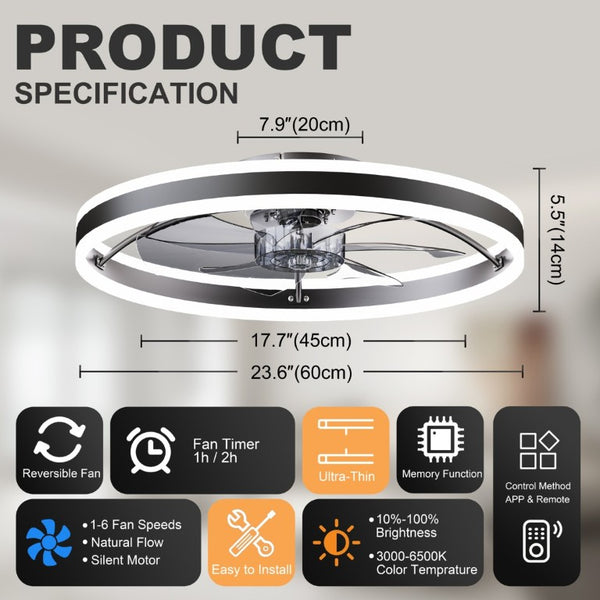 English Elm 23.6 Inch Compact Ceiling Fan with Dimmable LED Light Quiet DC Motor App Remote Black W3886P506761