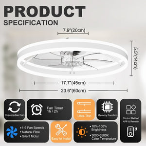 English Elm 23.6 Inch Compact Ceiling Fan with Dimmable LED Light Quiet DC Motor App Remote White W3886P506763