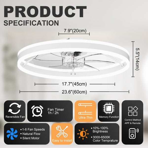 English Elm 23.6 Inch Compact Ceiling Fan with Dimmable LED Light Quiet DC Motor App Remote White W3886P506763