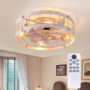 English Elm 20.1 Inch Farmhouse Flush Mount Ceiling Fan Dimmable LED Metal Cage Low Profile White W3886P506773