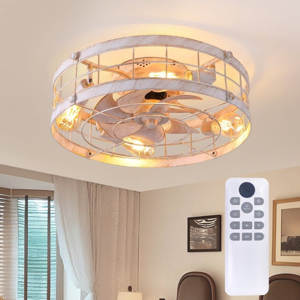 English Elm 20.1 Inch Farmhouse Flush Mount Ceiling Fan Dimmable LED Metal Cage Low Profile White W3886P506773