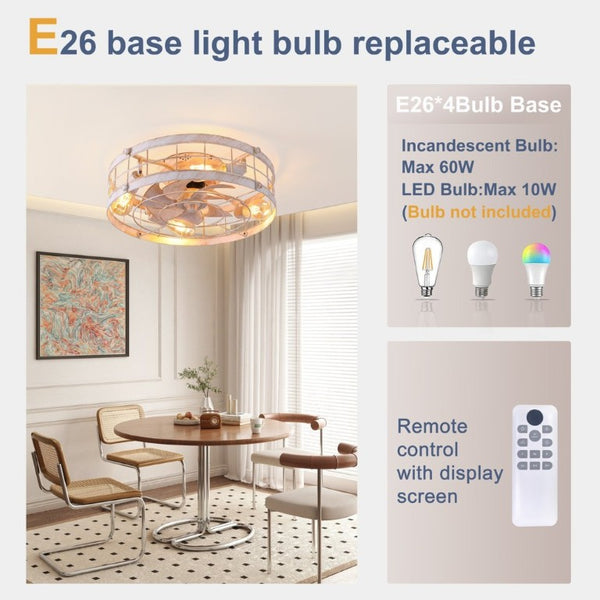 English Elm 20.1 Inch Farmhouse Flush Mount Ceiling Fan Dimmable LED Metal Cage Low Profile White W3886P506773