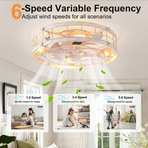 English Elm 20.1 Inch Farmhouse Flush Mount Ceiling Fan Dimmable LED Metal Cage Low Profile White W3886P506773