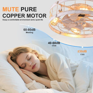 English Elm 20.1 Inch Farmhouse Flush Mount Ceiling Fan Dimmable LED Metal Cage Low Profile White W3886P506773