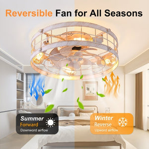 English Elm 20.1 Inch Farmhouse Flush Mount Ceiling Fan Dimmable LED Metal Cage Low Profile White W3886P506773