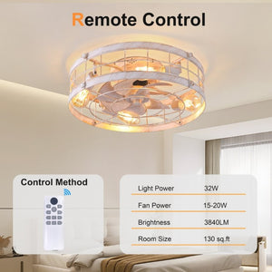 English Elm 20.1 Inch Farmhouse Flush Mount Ceiling Fan Dimmable LED Metal Cage Low Profile White W3886P506773