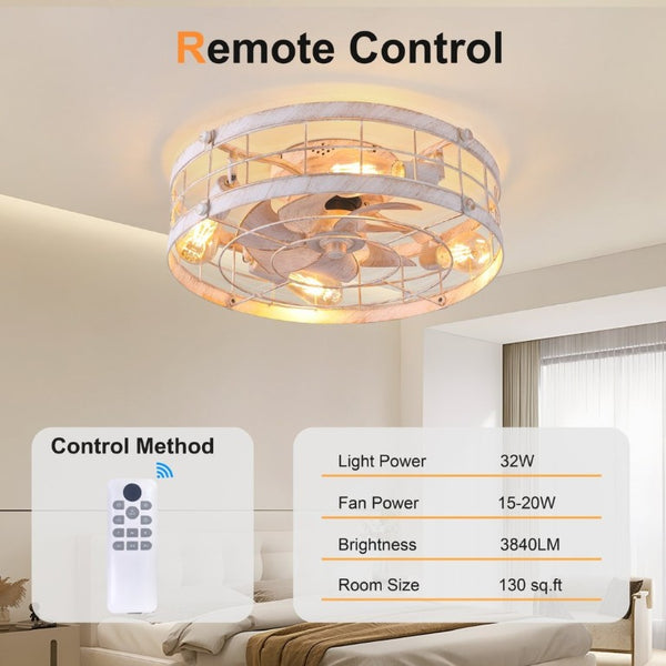 English Elm 20.1 Inch Farmhouse Flush Mount Ceiling Fan Dimmable LED Metal Cage Low Profile White W3886P506773