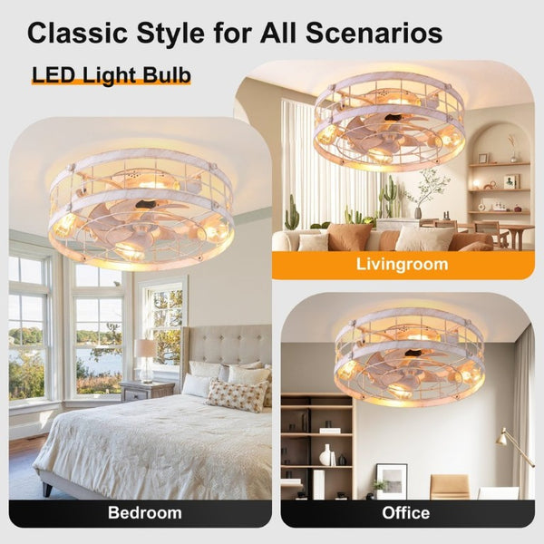 English Elm 20.1 Inch Farmhouse Flush Mount Ceiling Fan Dimmable LED Metal Cage Low Profile White W3886P506773