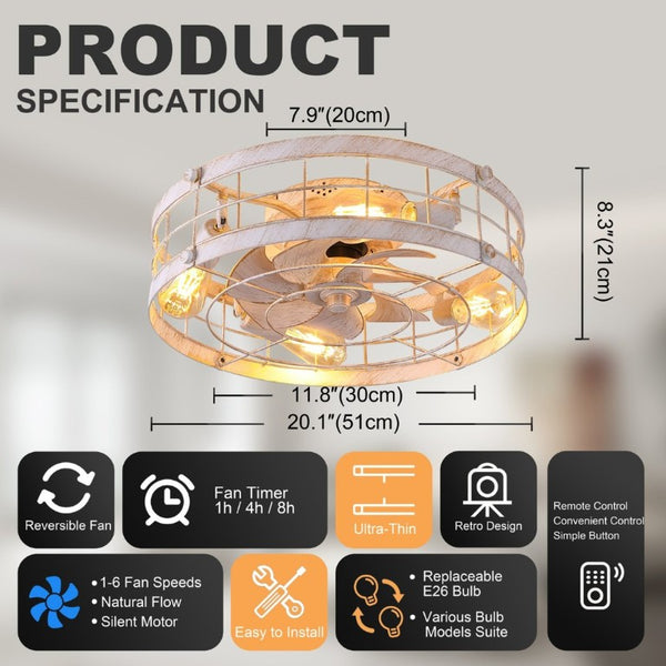 English Elm 20.1 Inch Farmhouse Flush Mount Ceiling Fan Dimmable LED Metal Cage Low Profile White W3886P506773
