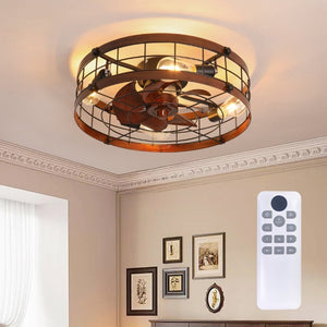 English Elm 20.1 Inch Farmhouse Flush Mount Ceiling Fan Dimmable LED Metal Cage Low Profile Wood W3886P506776