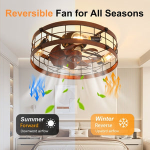English Elm 20.1 Inch Farmhouse Flush Mount Ceiling Fan Dimmable LED Metal Cage Low Profile Wood W3886P506776