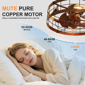 English Elm 20.1 Inch Farmhouse Flush Mount Ceiling Fan Dimmable LED Metal Cage Low Profile Wood W3886P506776