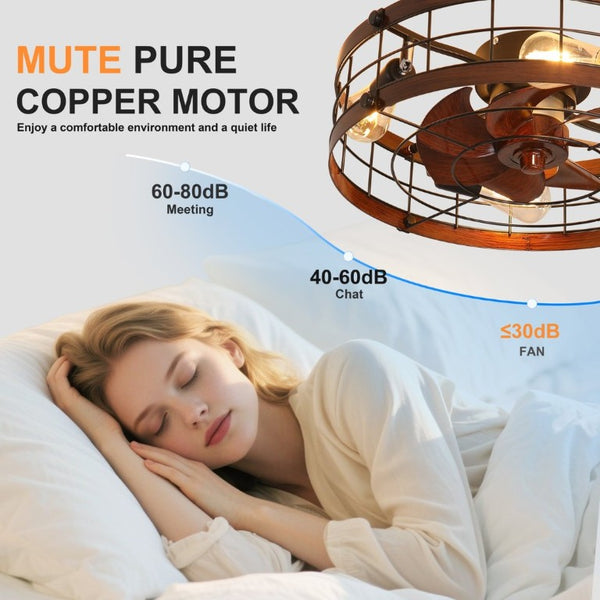 English Elm 20.1 Inch Farmhouse Flush Mount Ceiling Fan Dimmable LED Metal Cage Low Profile Wood W3886P506776