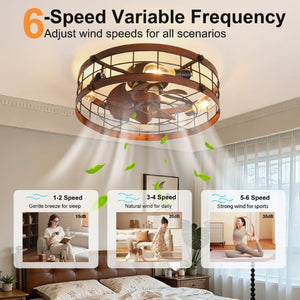 English Elm 20.1 Inch Farmhouse Flush Mount Ceiling Fan Dimmable LED Metal Cage Low Profile Wood W3886P506776