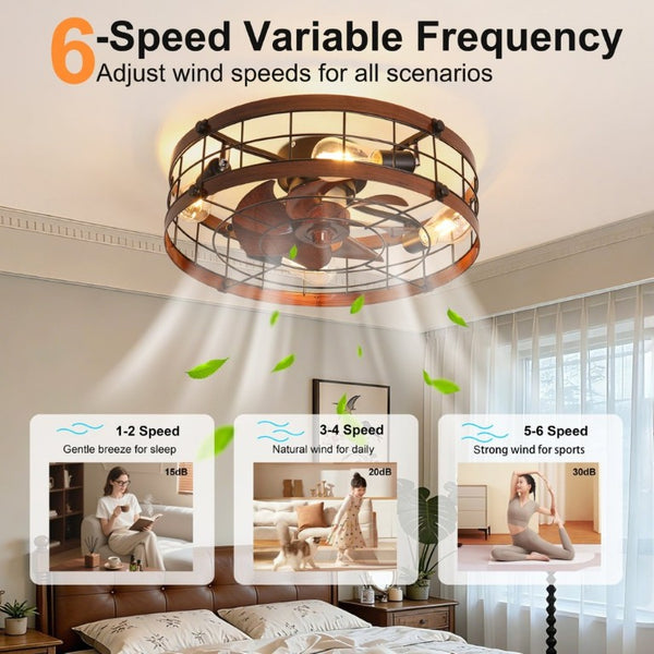 English Elm 20.1 Inch Farmhouse Flush Mount Ceiling Fan Dimmable LED Metal Cage Low Profile Wood W3886P506776
