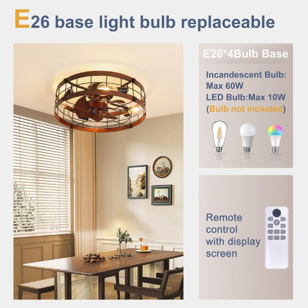 English Elm 20.1 Inch Farmhouse Flush Mount Ceiling Fan Dimmable LED Metal Cage Low Profile Wood W3886P506776