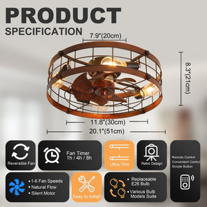 English Elm 20.1 Inch Farmhouse Flush Mount Ceiling Fan Dimmable LED Metal Cage Low Profile Wood W3886P506776