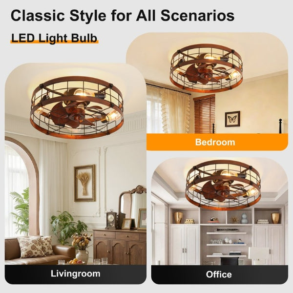 English Elm 20.1 Inch Farmhouse Flush Mount Ceiling Fan Dimmable LED Metal Cage Low Profile Wood W3886P506776