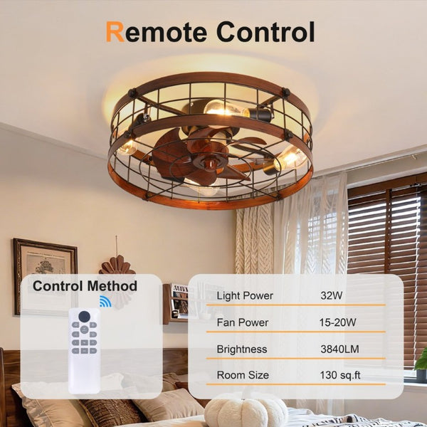 English Elm 20.1 Inch Farmhouse Flush Mount Ceiling Fan Dimmable LED Metal Cage Low Profile Wood W3886P506776