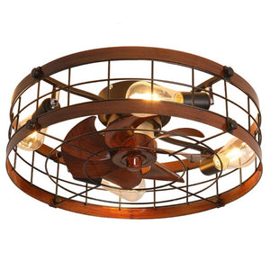 English Elm 20.1 Inch Farmhouse Flush Mount Ceiling Fan Dimmable LED Metal Cage Low Profile Wood W3886P506776