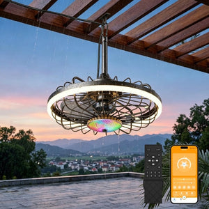 English Elm 19.7 Inch IP65 Flush Mount Outdoor Ceiling Fan with RGB Dimmable LED Patio Light W3886P506777