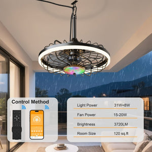 English Elm 19.7 Inch IP65 Flush Mount Outdoor Ceiling Fan with RGB Dimmable LED Patio Light W3886P506777