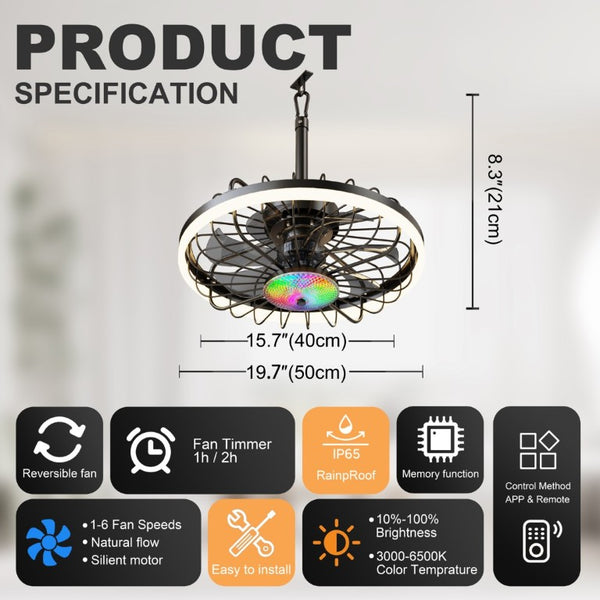 English Elm 19.7 Inch IP65 Flush Mount Outdoor Ceiling Fan with RGB Dimmable LED Patio Light W3886P506777