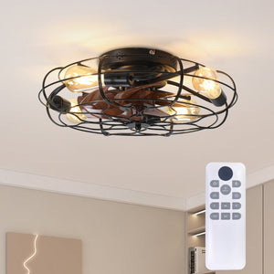 English Elm 19.7 Inch Industrial Caged Ceiling Fan with Wood Grain Blades and Remote for Small Rooms W3886P506783
