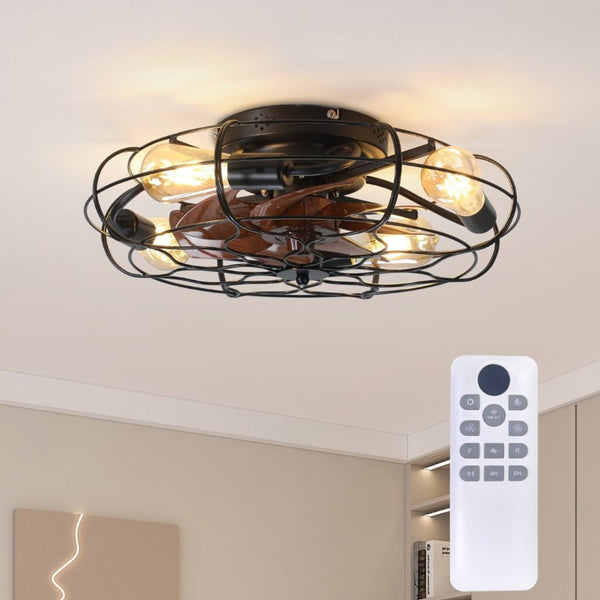English Elm 19.7 Inch Industrial Caged Ceiling Fan with Wood Grain Blades and Remote for Small Rooms W3886P506783