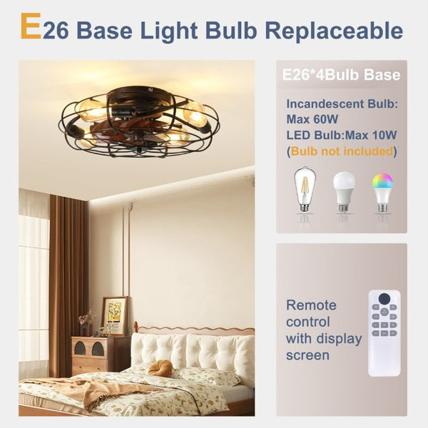 English Elm 19.7 Inch Industrial Caged Ceiling Fan with Wood Grain Blades and Remote for Small Rooms W3886P506783