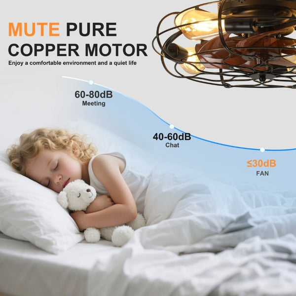 English Elm 19.7 Inch Industrial Caged Ceiling Fan with Wood Grain Blades and Remote for Small Rooms W3886P506783